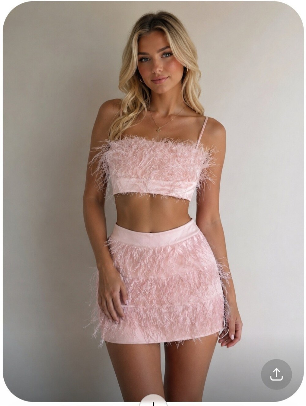 Blue B Feather Trim Pink Crop Top & Skirt Set. Top Is Size M, Bottom Is L